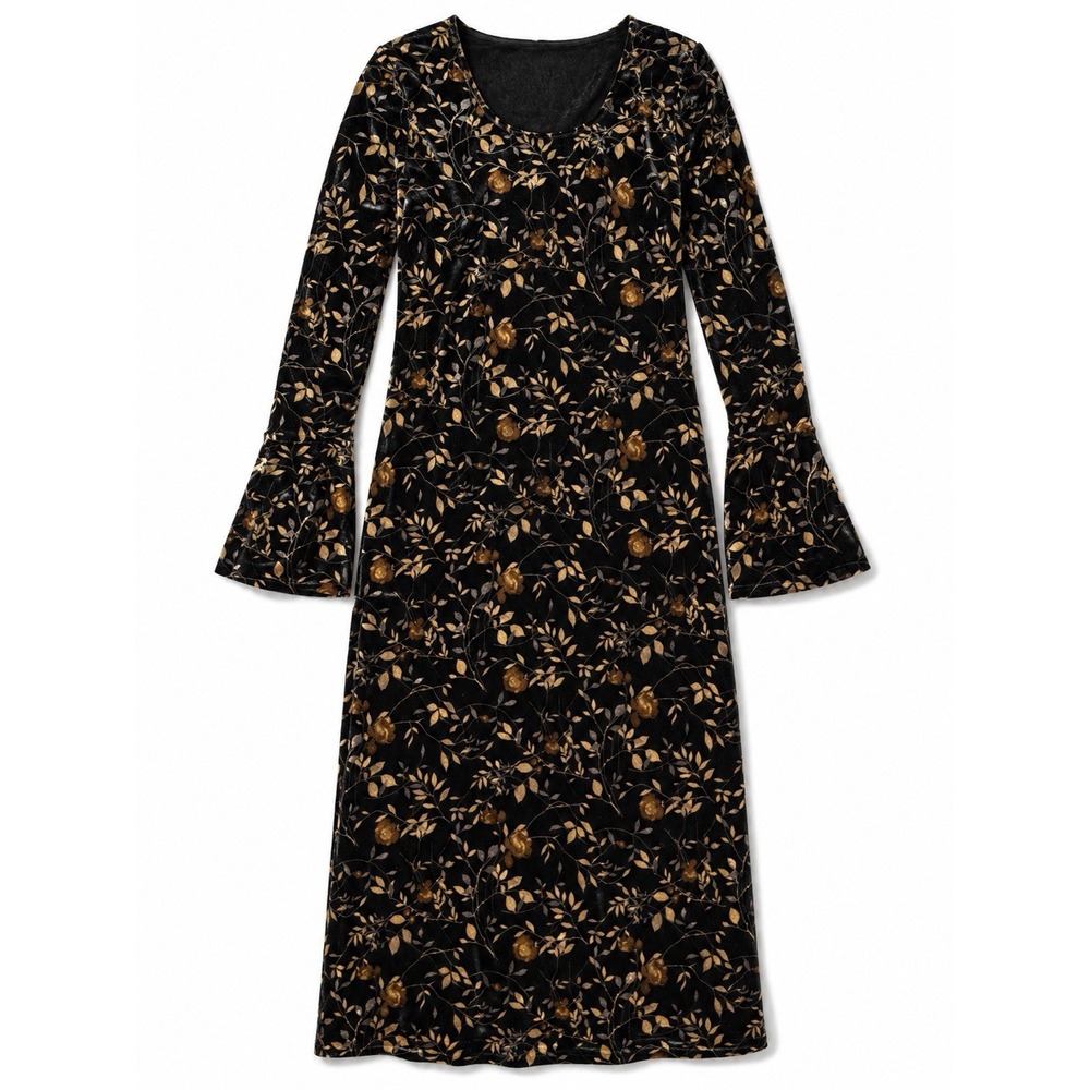 Black Velvet Floral Bell-Sleeve Midi Dress Romantic Boho Cottagecore
